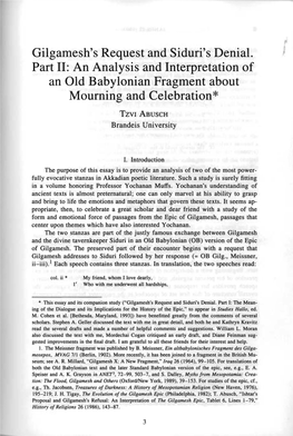 Gilgamesh's Request and Siduri's Denial. Part 11: an Analysis and Interpretation of an Old Babylonian Fragment About Mourning and Celebration *