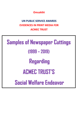 Samples of Newspaper Cuttings Regarding ACMEC TRUST's Social