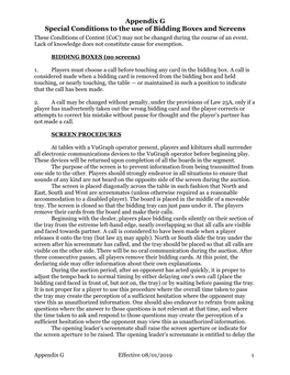 Appendix G Special Conditions to the Use of Bidding Boxes and Screens These Conditions of Contest (Coc) May Not Be Changed During the Course of an Event