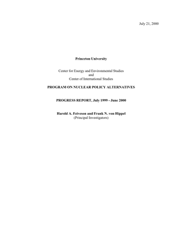 July 21, 2000 Princeton University Center for Energy And
