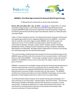 MMWEC, First Wind Sign Contract for Hancock Wind Project Energy