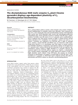 The Dicotyledonous NAD Malic Enzyme C4 Plant Cleome Gynandra Displays Age-Dependent Plasticity of C4 Decarboxylation Biochemistry M