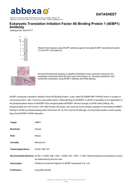 DATASHEET Eukaryotic Translation Initiation Factor 4E-Binding