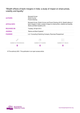 “Wealth Effects of Bank Mergers in India: a Study of Impact on Share Prices, Volatility and Liquidity”