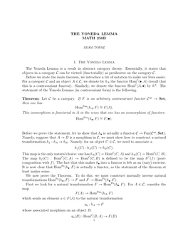 THE YONEDA LEMMA MATH 250B 1. the Yoneda Lemma the Yoneda