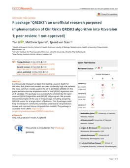 R Package “QRISK3”: an Unofficial Research Purposed Implementation of Clinrisk’S QRISK3 Algorithm Into R [Version 1; Peer Review: 1 Not Approved]