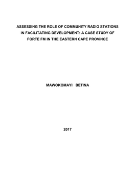 Assessing the Role of Community Radio Stations in Facilitating Development: a Case Study of Forte Fm in the Eastern Cape Province