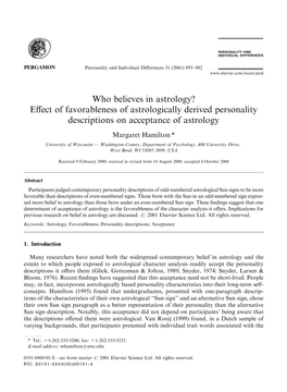 Who Believes in Astrology? E€Ect of Favorableness of Astrologically Derived Personality Descriptions on Acceptance of Astrology