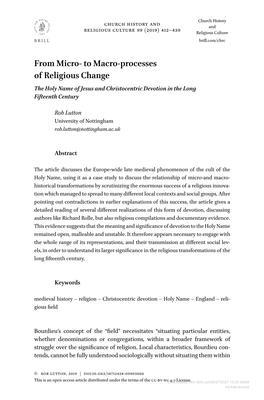 From Micro- to Macro-Processes of Religious Change the Holy Name of Jesus and Christocentric Devotion in the Long Fifteenth Century