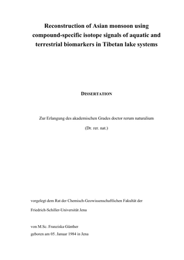 Reconstruction of Asian Monsoon Using Compound-Specific Isotope Signals of Aquatic and Terrestrial Biomarkers in Tibetan Lake Systems