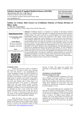 (SJAMS) Studies on Urinary Risk Factors in Urolithiasis Patients Of