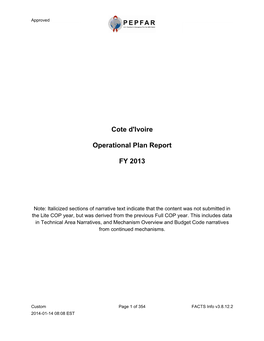 Cote D'ivoire Operational Plan Report FY 2013