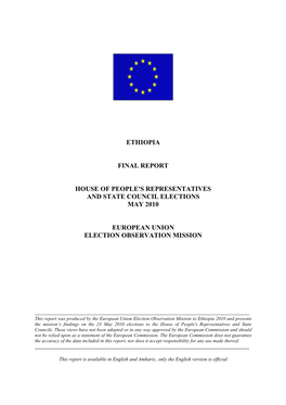 Ethiopia Fi Al Report House of People's Represe Tatives a D State Cou Cil Electio S May 2010 Europea U Io Electio Observati