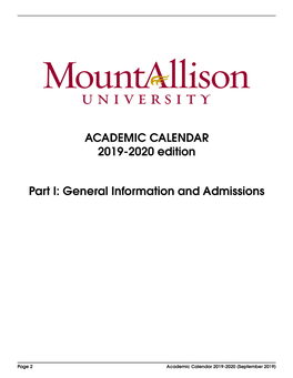 ACADEMIC CALENDAR 2019-2020 Edition Part I: General Information