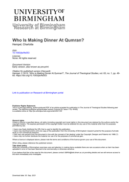 Who Is Making Dinner at Qumran? Hempel, Charlotte