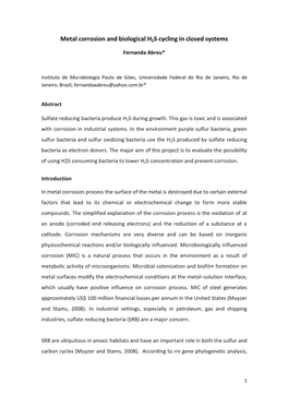 Fernanda , A. Metal Corrosion and Biological H2S Cycling in Closed