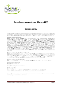 Conseil Communautaire Du 30 Mars 2017 Compte-Rendu