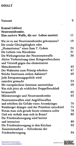 INHALT Vorwort 9 Konrad Lübbert Neutronenbombe. Eine Saubere