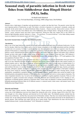 Seasonal Study of Parasitic Infection in Fresh Water Fishes from Siddheshwar Dam Hingoli District (M.S), India