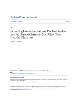 Examining How the Inclusion of Disabled Students Into the General Classroom May Affect Non- Disabled Classmates Marissa L