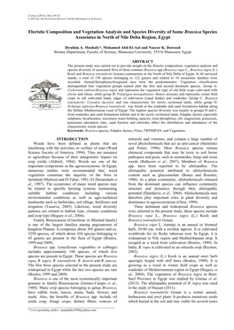 Floristic Composition and Vegetation Analysis and Species Diversity of Some Brassica Species Associates in North of Nile Delta Region, Egypt