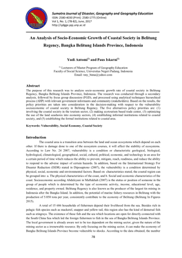 An Analysis of Socio-Economic Growth of Coastal Society in Belitung Regency, Bangka Belitung Islands Province, Indonesia