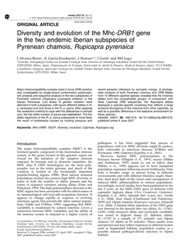 Diversity and Evolution of the Mhc-DRB1 Gene in the Two Endemic Iberian Subspecies of Pyrenean Chamois, Rupicapra Pyrenaica