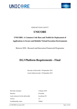 UNICORE D2.3 Platform Requirements