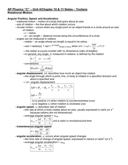 AP Physics “C” – Unit 4/Chapter 10 Notes – Yockers – JHS 2005