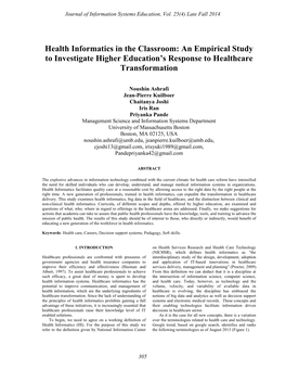 Health Informatics in the Classroom: an Empirical Study to Investigate Higher Education’S Response to Healthcare Transformation