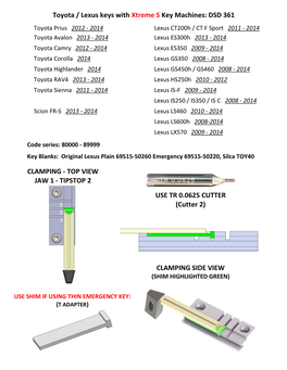 Toyota / Lexus Keys with Xtreme S Key Machines: DSD 361 CLAMPING