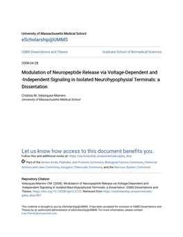 Modulation of Neuropeptide Release Via Voltage-Dependent and -Independent Signaling in Isolated Neurohypophysial Terminals: a Dissertation