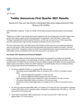 Twitter Announces First Quarter 2021 Results