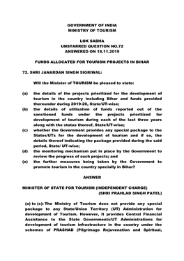 Government of India Ministry of Tourism Lok Sabha