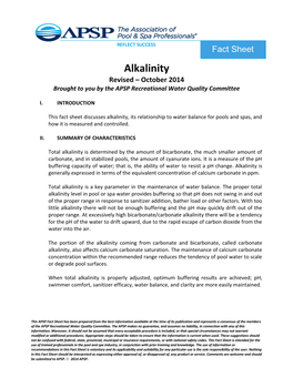 Alkalinity Revised – October 2014 Brought to You by the APSP Recreational Water Quality Committee