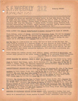 8 JANUARY 1968 Nonnaoauoonnnnaaaooaannnnnnnoauariouonannnn S.F.WEEKLY Is Edited and Published by Andrew Porter, 24 East 82Nd Street, New York, NY 10028