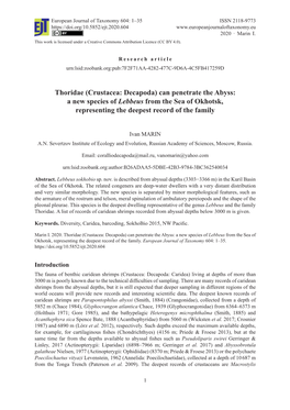 Crustacea: Decapoda) Can Penetrate the Abyss: a New Species of Lebbeus from the Sea of Okhotsk, Representing the Deepest Record of the Family