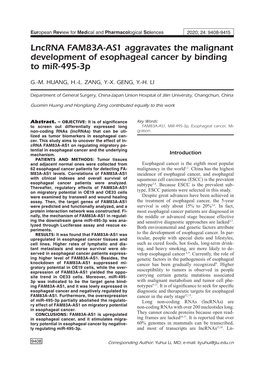 Lncrna FAM83A-AS1 Aggravates the Malignant Development of Esophageal Cancer by Binding to Mir-495-3P