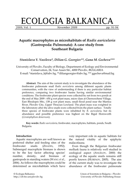 Aquatic Macrophytes As Microhabitats of Radix Auricularia (Gastropoda: Pulmonata): a Case Study from Southeast Bulgaria