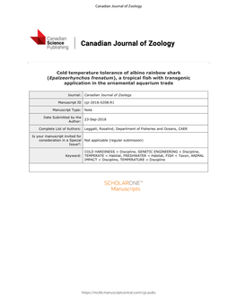 Cold Temperature Tolerance of Albino Rainbow Shark (Epalzeorhynchos Frenatum), a Tropical Fish with Transgenic Application in the Ornamental Aquarium Trade