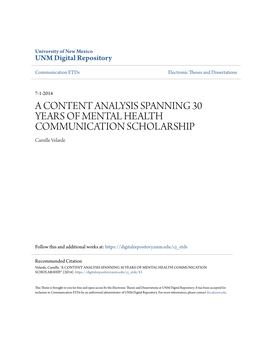 A CONTENT ANALYSIS SPANNING 30 YEARS of MENTAL HEALTH COMMUNICATION SCHOLARSHIP Camille Velarde
