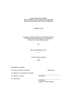 Weight-Related Teasing: Relationship to Body Image, Self-Esteem, and Relative Body Size of Adult Females