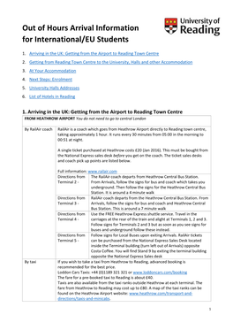 Out of Hours Arrival Information for International/EU Students