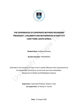 University of Cape Town in Partial Fulfilment of the Requirements for the Degree Msc (Nursing) by Course Work and Minor Dissertation