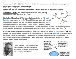 Lecture 9: Citric Acid Cycle/Fatty Acid Catabolism