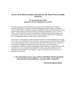 Review of the Risk Screening Assessment for the Mixed Waste Landfill, SWMU76