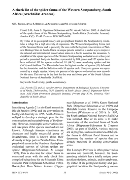 A Check List of the Spider Fauna of the Western Soutpansberg, South Africa (Arachnida: Araneae)