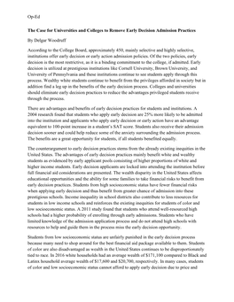 Op-Ed the Case for Universities and Colleges to Remove Early Decision Admission Practices by Delgar Woodruff According To