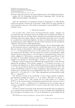 Entropy in Dynamical Systems, by Tomasz Downarowicz, New Mathematical Mono- Graphs, Vol