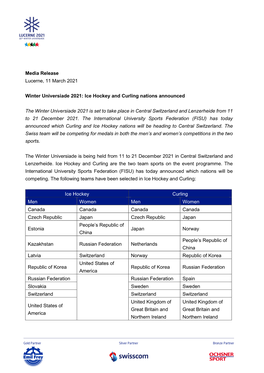 Media Release Lucerne, 11 March 2021 Winter Universiade 2021: Ice